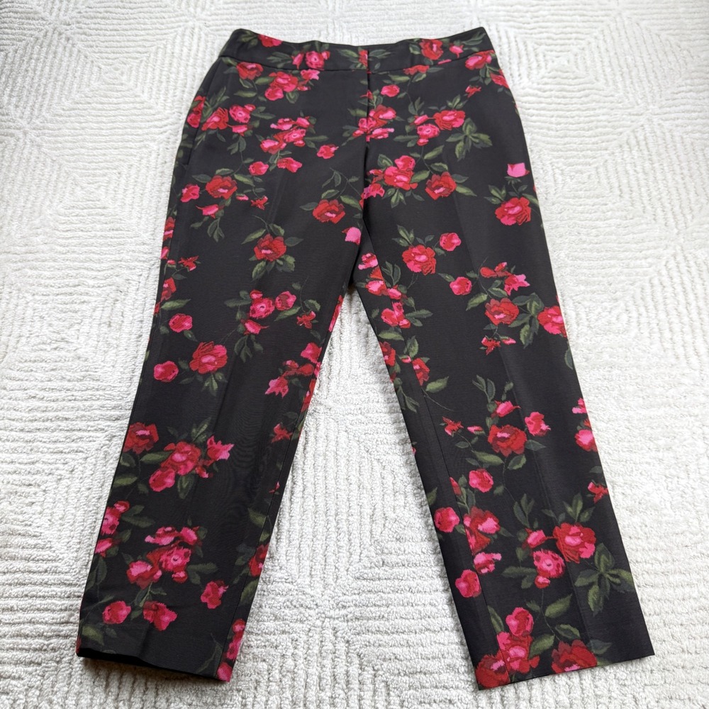 Talbots Heritage Pants Womens 8P Black Red Rose Silk Blend Floral Tapered Ankle